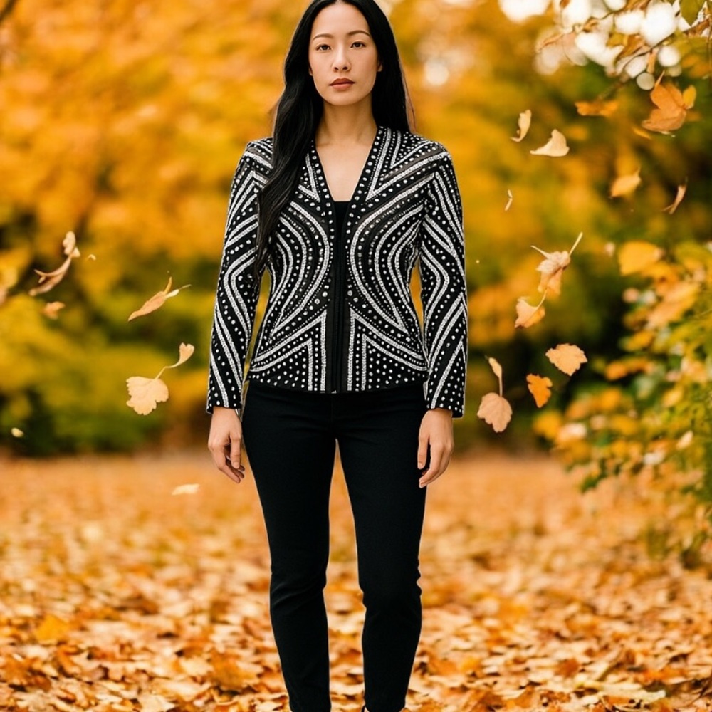 Peck & Peck awesome semi sheer black zip front jacket with white abstract design